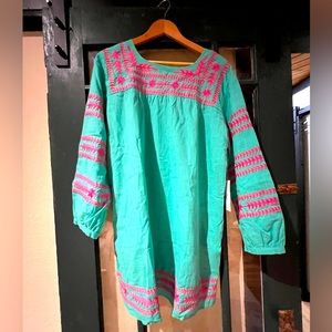 J. Marie Turquoise and Pink Embroidered Dress Size Large
